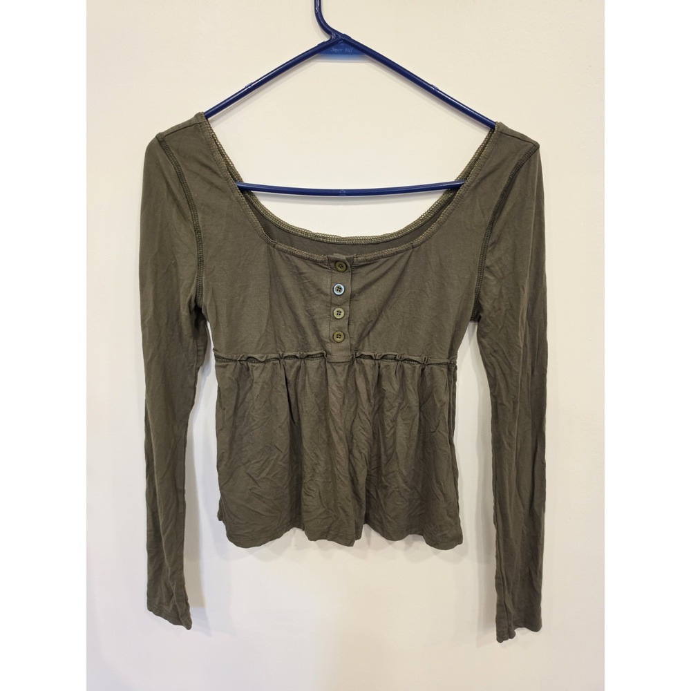 Olive Green Long Sleeve Babydoll Top Y2K Style Empire Waist Ruffle‎ Hem SM